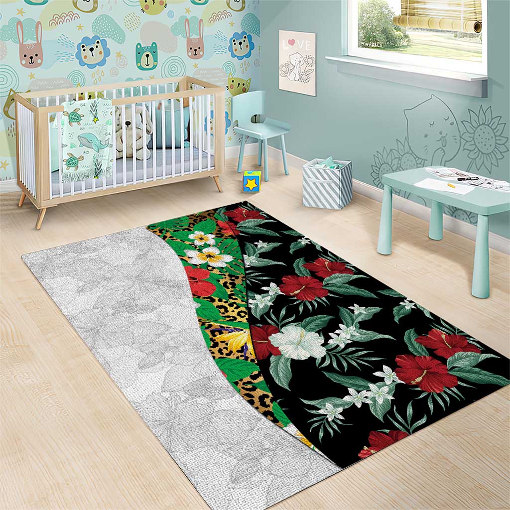 Hawaiian Tropical Flowers and Leaves Area Rug on Leopard Pattern Half Style White-Black Version - Polynesian Pride