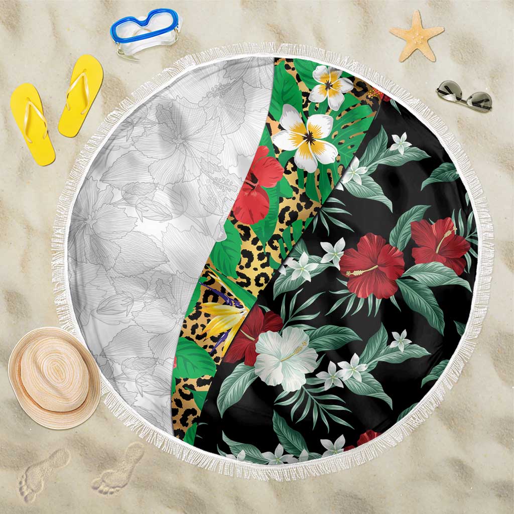 Hawaiian Tropical Flowers and Leaves Beach Blanket on Leopard Pattern Half Style White-Black Version - Polynesian Pride