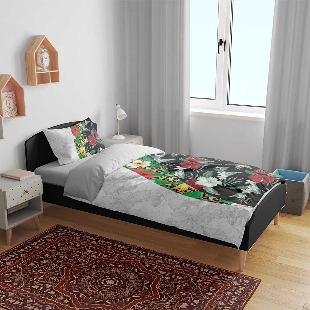 Hawaiian Tropical Flowers and Leaves Bedding Set on Leopard Pattern Half Style White-Black Version - Polynesian Pride