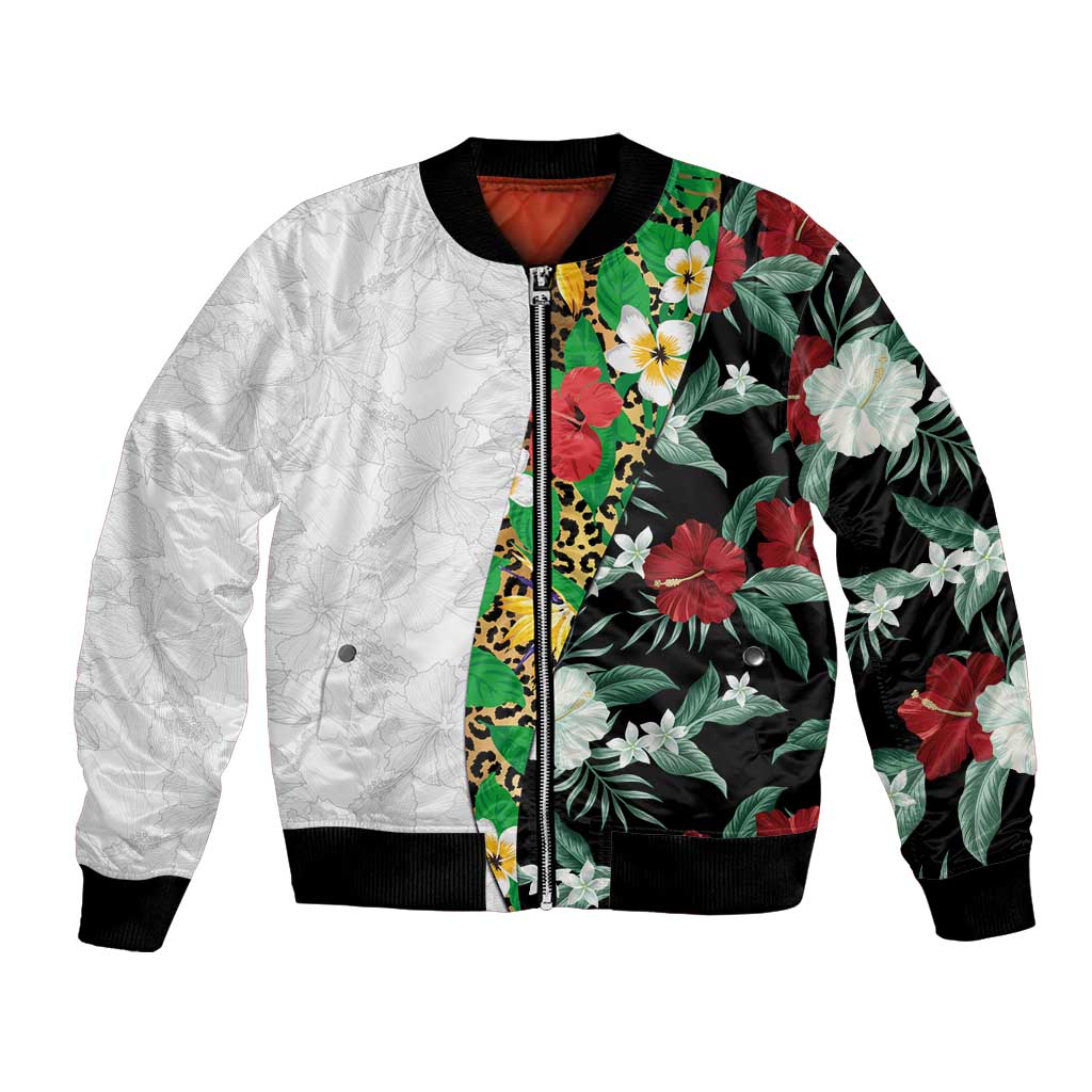 Hawaiian Tropical Flowers and Leaves Bomber Jacket on Leopard Pattern Half Style White-Black Version LT03 Unisex White - Polynesian Pride