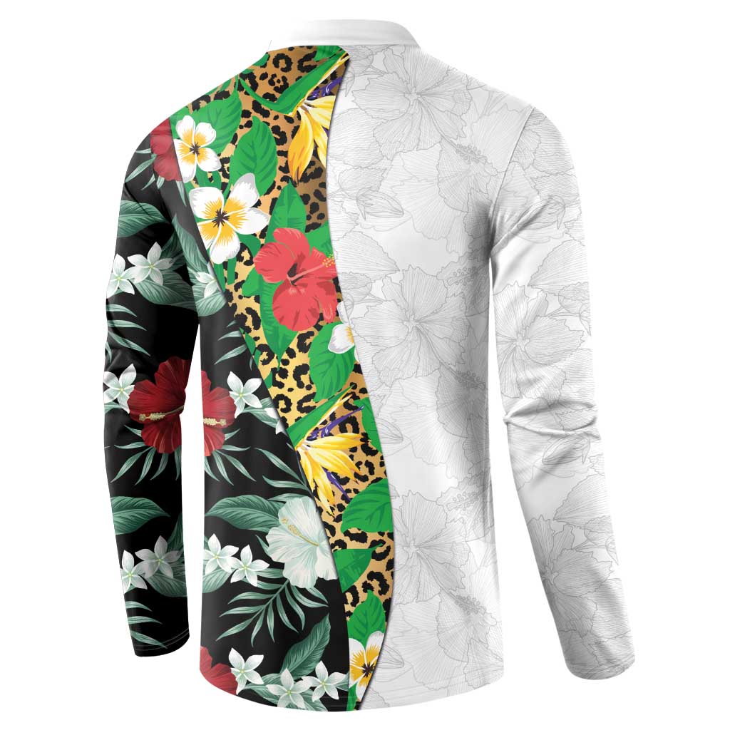 Hawaiian Tropical Flowers and Leaves Button Sweatshirt on Leopard Pattern Half Style White-Black Version - Polynesian Pride