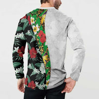 Hawaiian Tropical Flowers and Leaves Button Sweatshirt on Leopard Pattern Half Style White-Black Version - Polynesian Pride