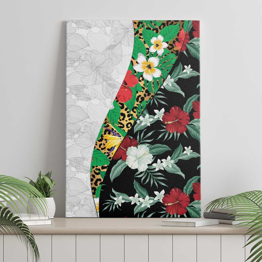 Hawaiian Tropical Flowers and Leaves Canvas Wall Art on Leopard Pattern Half Style White-Black Version - Polynesian Pride