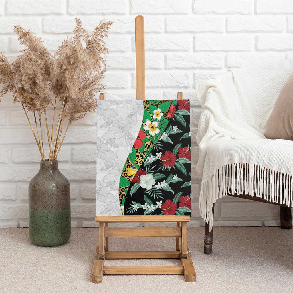 Hawaiian Tropical Flowers and Leaves Canvas Wall Art on Leopard Pattern Half Style White-Black Version - Polynesian Pride