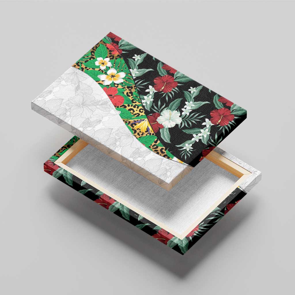 Hawaiian Tropical Flowers and Leaves Canvas Wall Art on Leopard Pattern Half Style White-Black Version - Polynesian Pride