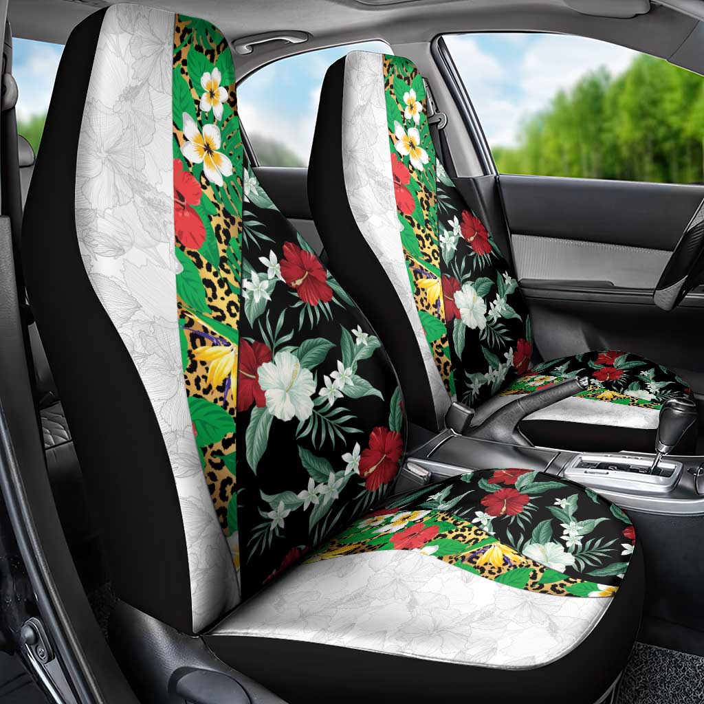 Hawaiian Tropical Flowers and Leaves Car Seat Cover on Leopard Pattern Half Style White-Black Version - Polynesian Pride
