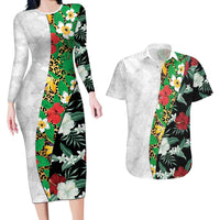 Hawaiian Tropical Flowers and Leaves Couples Matching Long Sleeve Bodycon Dress and Hawaiian Shirt on Leopard Pattern Half Style White-Black Version - Polynesian Pride