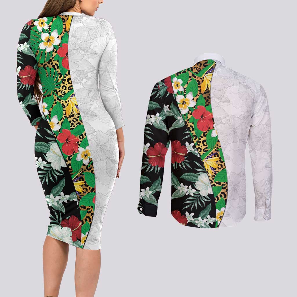 Hawaiian Tropical Flowers and Leaves Couples Matching Long Sleeve Bodycon Dress and Long Sleeve Button Shirt on Leopard Pattern Half Style White-Black Version - Polynesian Pride