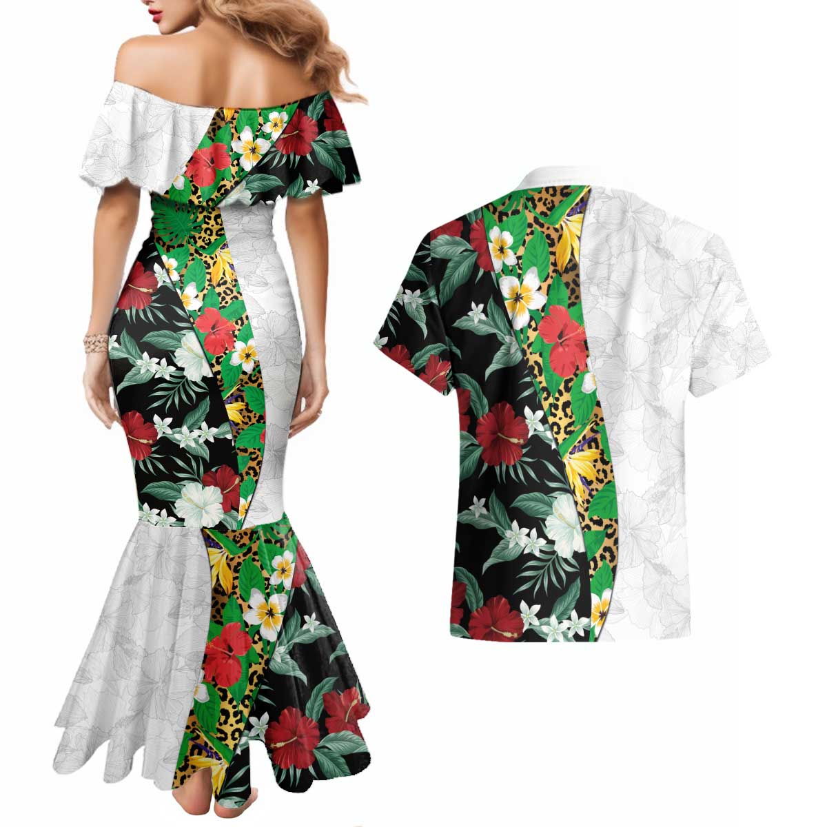 Hawaiian Tropical Flowers and Leaves Couples Matching Mermaid Dress and Hawaiian Shirt on Leopard Pattern Half Style White-Black Version - Polynesian Pride