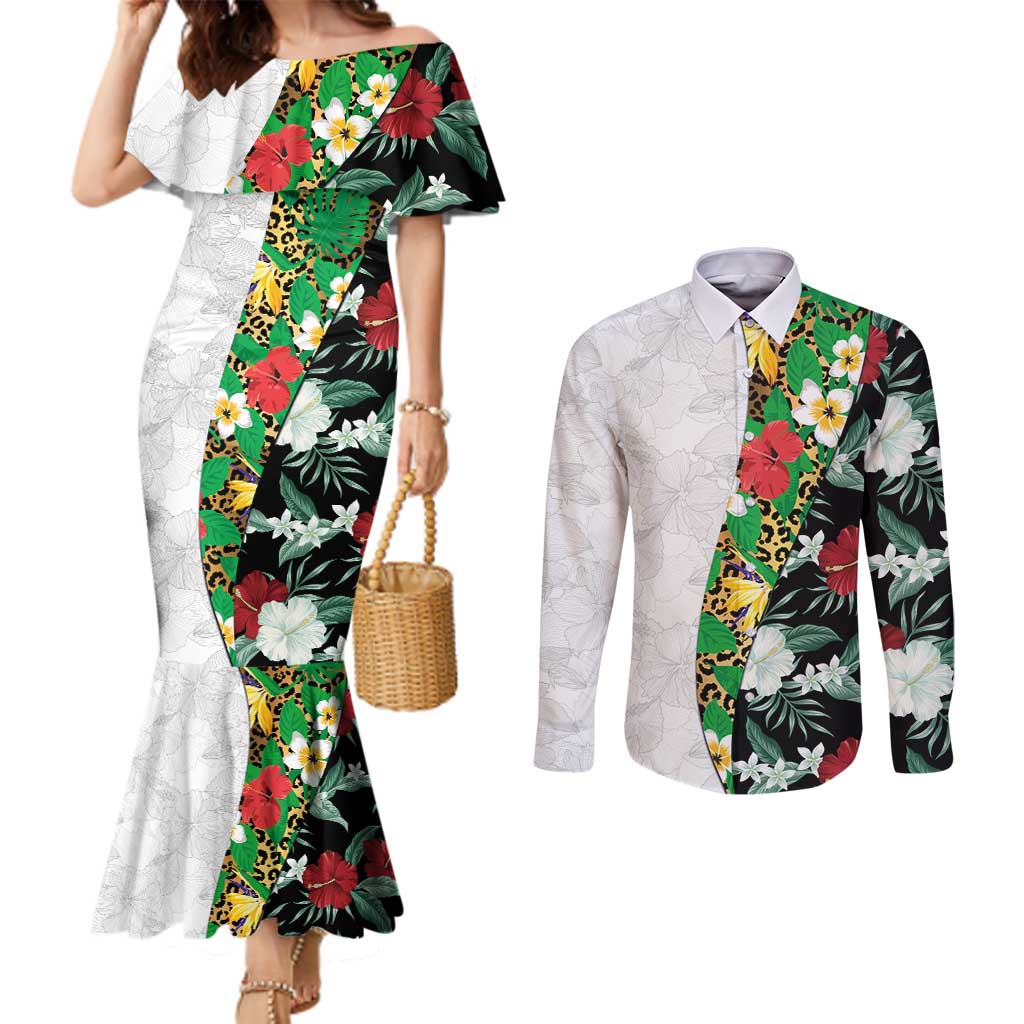 Hawaiian Tropical Flowers and Leaves Couples Matching Mermaid Dress and Long Sleeve Button Shirt on Leopard Pattern Half Style White-Black Version - Polynesian Pride