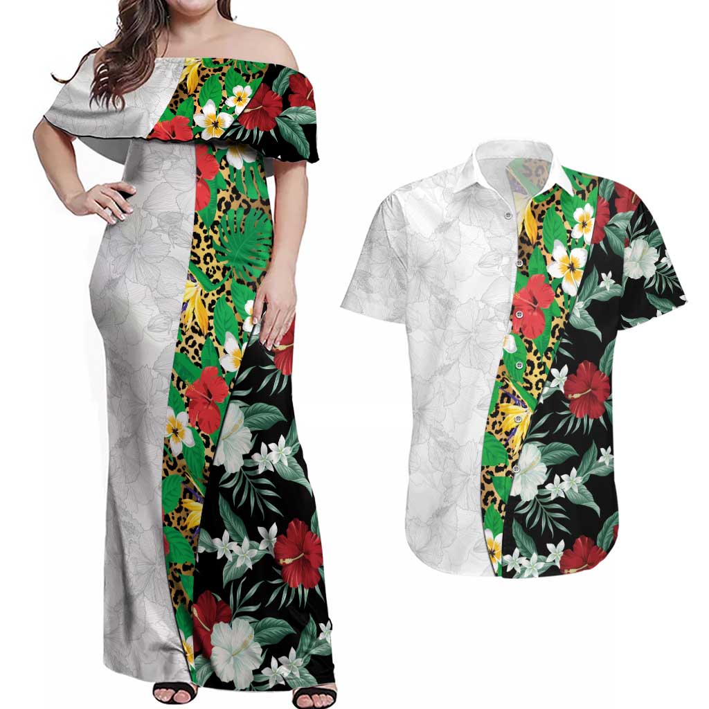 Hawaiian Tropical Flowers and Leaves Couples Matching Off Shoulder Maxi Dress and Hawaiian Shirt on Leopard Pattern Half Style White-Black Version - Polynesian Pride