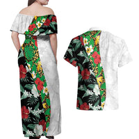 Hawaiian Tropical Flowers and Leaves Couples Matching Off Shoulder Maxi Dress and Hawaiian Shirt on Leopard Pattern Half Style White-Black Version - Polynesian Pride