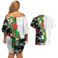 Hawaiian Tropical Flowers and Leaves Couples Matching Off Shoulder Short Dress and Hawaiian Shirt on Leopard Pattern Half Style White-Black Version - Polynesian Pride