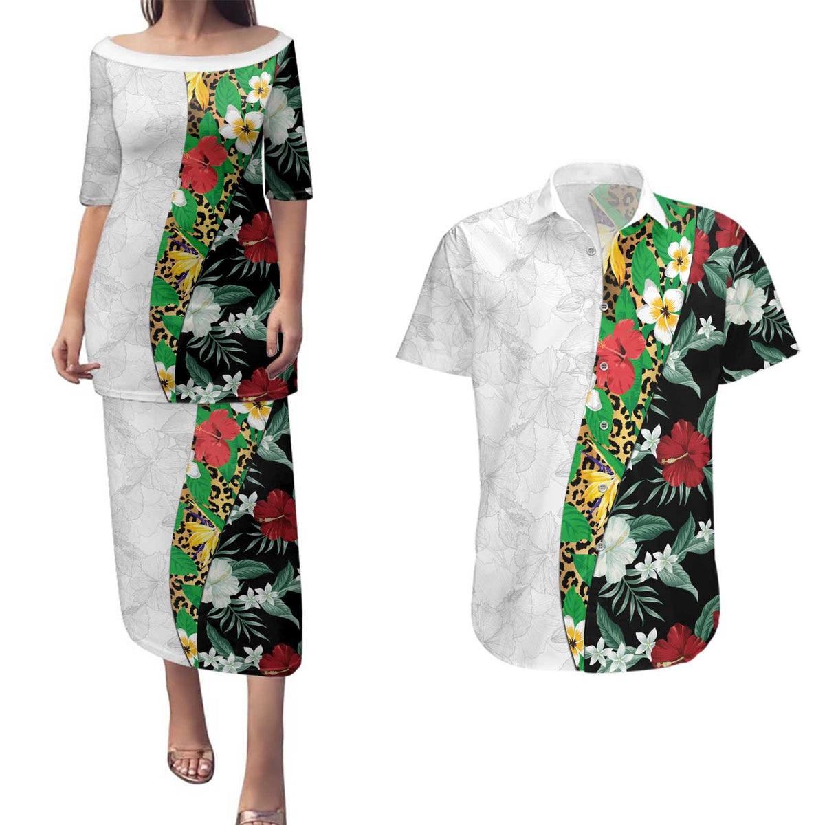 Hawaiian Tropical Flowers and Leaves Couples Matching Puletasi and Hawaiian Shirt on Leopard Pattern Half Style White-Black Version - Polynesian Pride