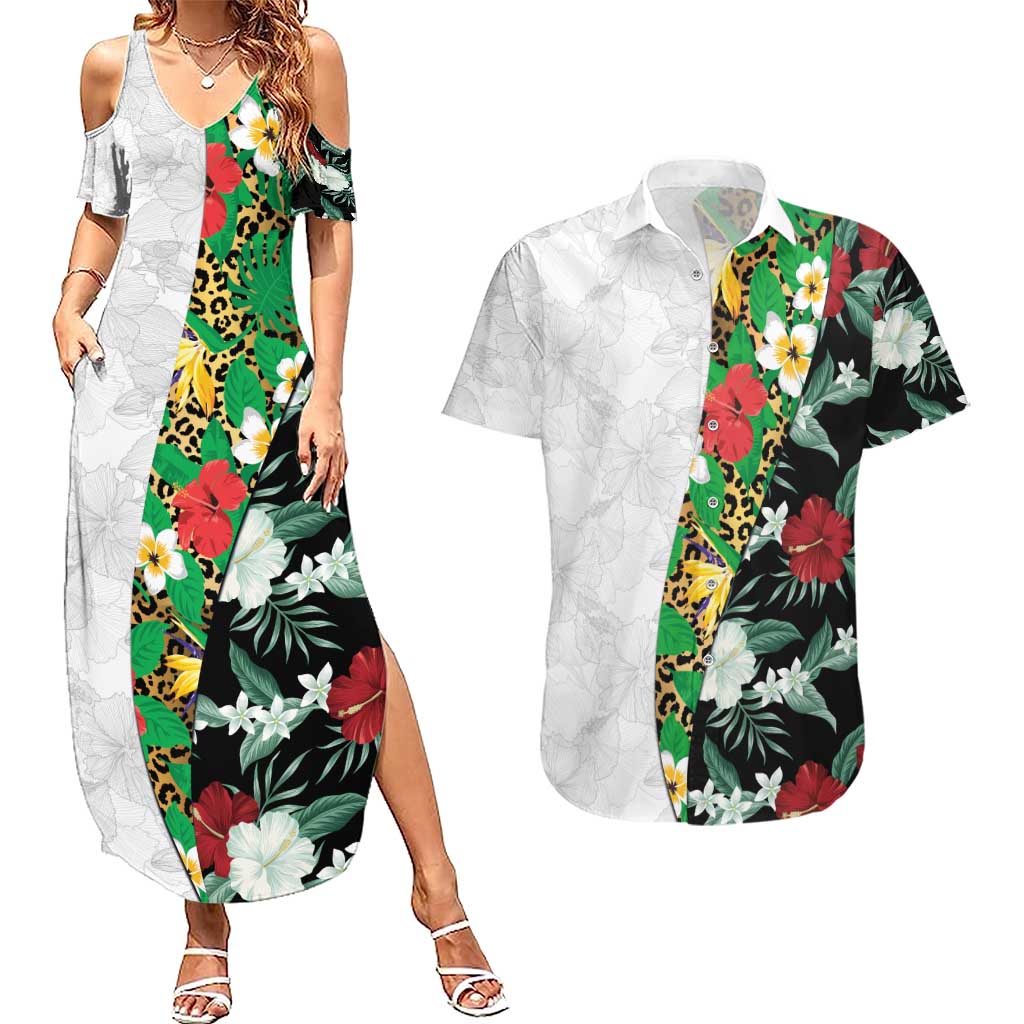 Hawaiian Tropical Flowers and Leaves Couples Matching Summer Maxi Dress and Hawaiian Shirt on Leopard Pattern Half Style White-Black Version - Polynesian Pride
