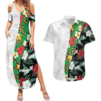 Hawaiian Tropical Flowers and Leaves Couples Matching Summer Maxi Dress and Hawaiian Shirt on Leopard Pattern Half Style White-Black Version - Polynesian Pride