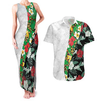 Hawaiian Tropical Flowers and Leaves Couples Matching Tank Maxi Dress and Hawaiian Shirt on Leopard Pattern Half Style White-Black Version - Polynesian Pride