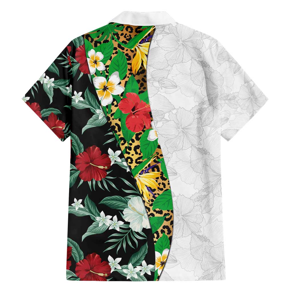 Hawaiian Tropical Flowers and Leaves Family Matching Long Sleeve Bodycon Dress and Hawaiian Shirt on Leopard Pattern Half Style White-Black Version LT03 - Polynesian Pride