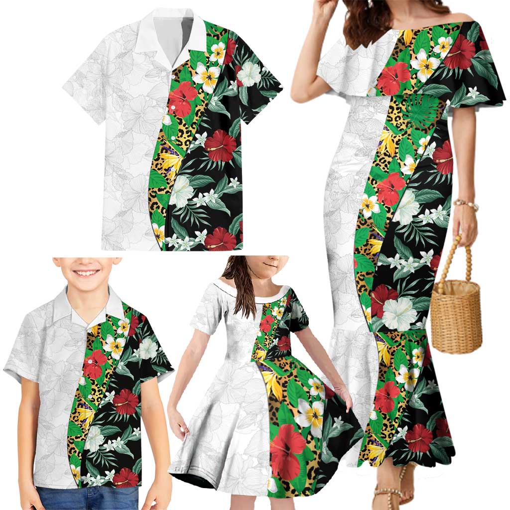 Hawaiian Tropical Flowers and Leaves Family Matching Mermaid Dress and Hawaiian Shirt on Leopard Pattern Half Style White-Black Version - Polynesian Pride