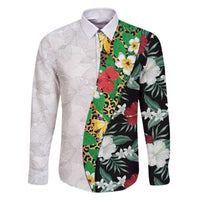 Hawaiian Tropical Flowers and Leaves Family Matching Off The Shoulder Long Sleeve Dress and Hawaiian Shirt on Leopard Pattern Half Style White-Black Version - Polynesian Pride