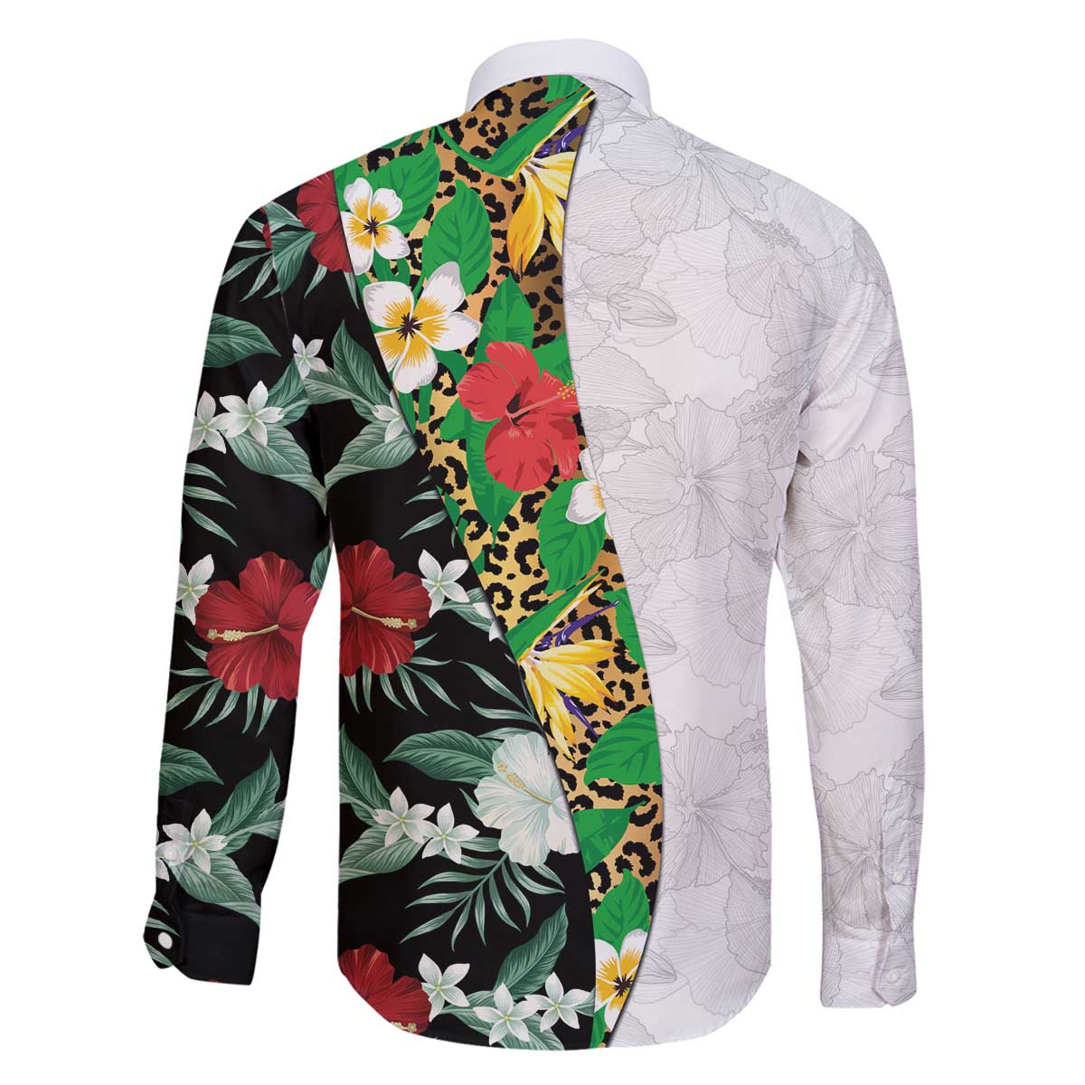 Hawaiian Tropical Flowers and Leaves Family Matching Off The Shoulder Long Sleeve Dress and Hawaiian Shirt on Leopard Pattern Half Style White-Black Version - Polynesian Pride