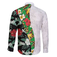 Hawaiian Tropical Flowers and Leaves Family Matching Off The Shoulder Long Sleeve Dress and Hawaiian Shirt on Leopard Pattern Half Style White-Black Version - Polynesian Pride