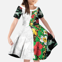 Hawaiian Tropical Flowers and Leaves Family Matching Off Shoulder Maxi Dress and Hawaiian Shirt on Leopard Pattern Half Style White-Black Version - Polynesian Pride