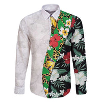 Hawaiian Tropical Flowers and Leaves Family Matching Off Shoulder Maxi Dress and Hawaiian Shirt on Leopard Pattern Half Style White-Black Version - Polynesian Pride