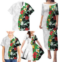 Hawaiian Tropical Flowers and Leaves Family Matching Puletasi and Hawaiian Shirt on Leopard Pattern Half Style White-Black Version - Polynesian Pride