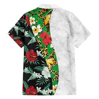 Hawaiian Tropical Flowers and Leaves Family Matching Short Sleeve Bodycon Dress and Hawaiian Shirt on Leopard Pattern Half Style White-Black Version LT03 - Polynesian Pride