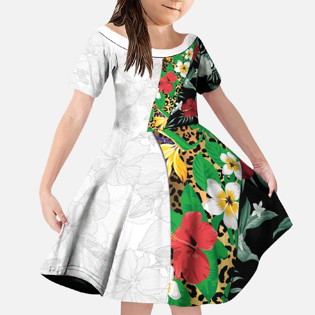 Hawaiian Tropical Flowers and Leaves Family Matching Summer Maxi Dress and Hawaiian Shirt on Leopard Pattern Half Style White-Black Version LT03 Daughter's Dress White - Polynesian Pride