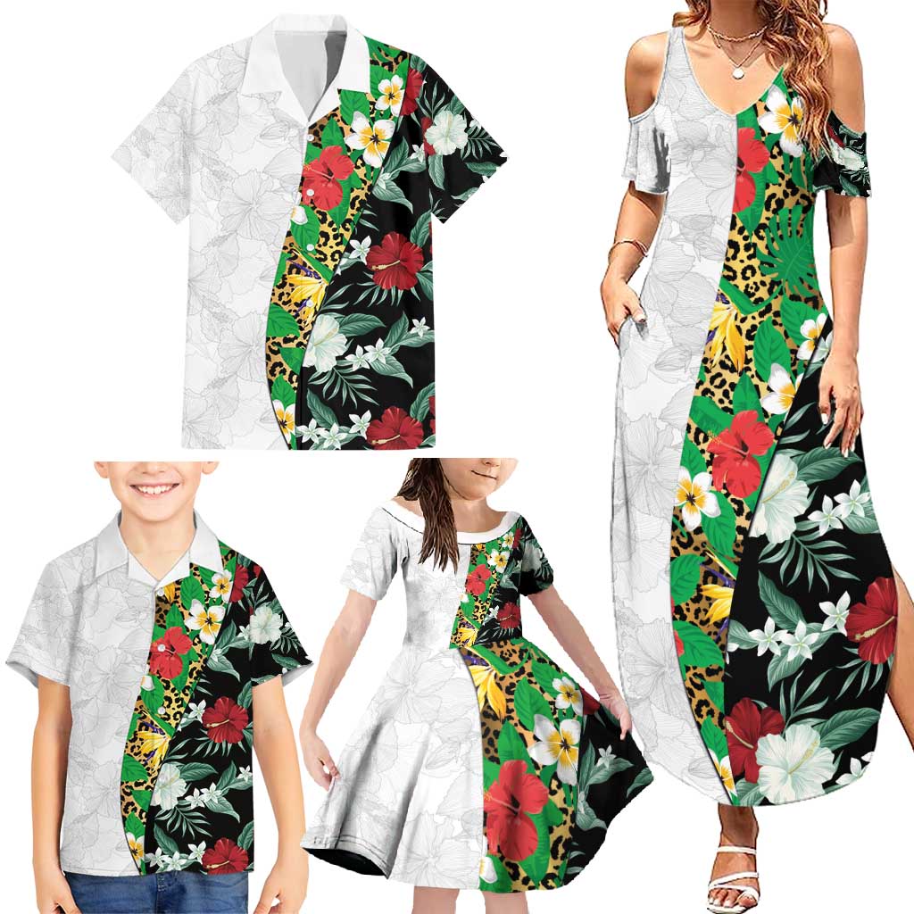 Hawaiian Tropical Flowers and Leaves Family Matching Summer Maxi Dress and Hawaiian Shirt on Leopard Pattern Half Style White-Black Version - Polynesian Pride
