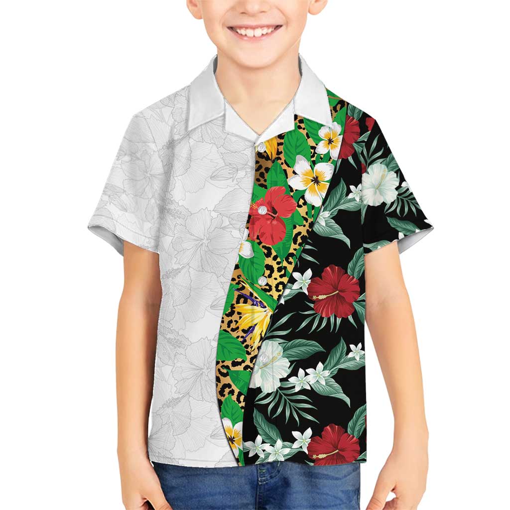 Hawaiian Tropical Flowers and Leaves Family Matching Summer Maxi Dress and Hawaiian Shirt on Leopard Pattern Half Style White-Black Version LT03 Son's Shirt White - Polynesian Pride