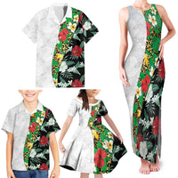 Hawaiian Tropical Flowers and Leaves Family Matching Tank Maxi Dress and Hawaiian Shirt on Leopard Pattern Half Style White-Black Version - Polynesian Pride