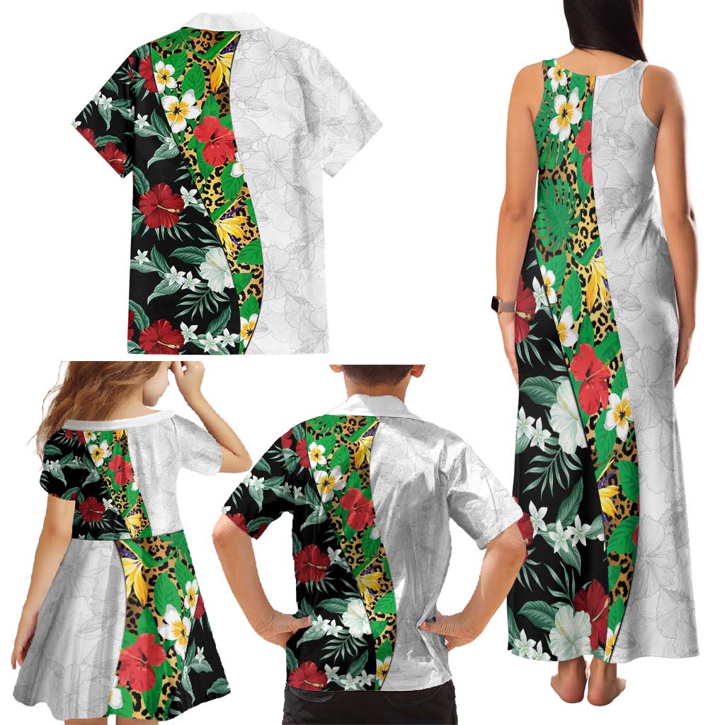 Hawaiian Tropical Flowers and Leaves Family Matching Tank Maxi Dress and Hawaiian Shirt on Leopard Pattern Half Style White-Black Version - Polynesian Pride
