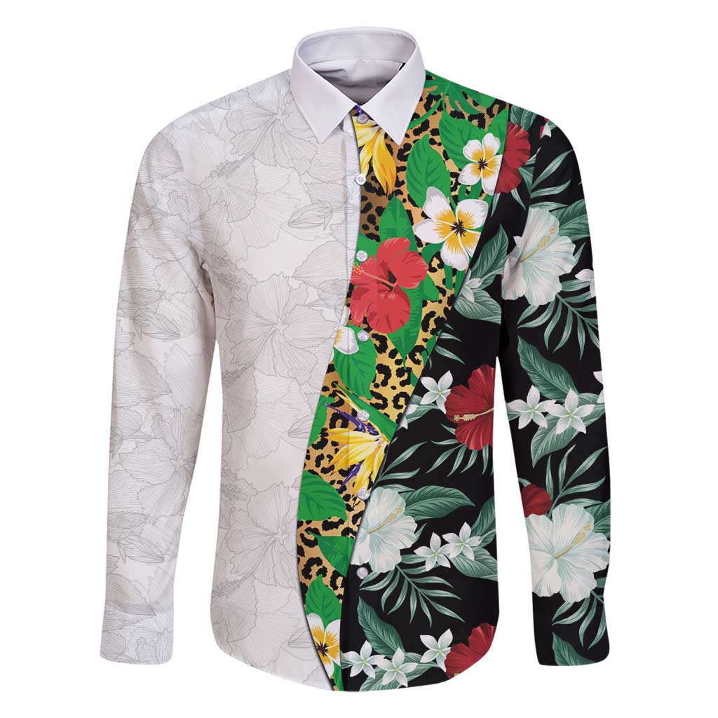 Hawaiian Tropical Flowers and Leaves Family Matching Tank Maxi Dress and Hawaiian Shirt on Leopard Pattern Half Style White-Black Version - Polynesian Pride