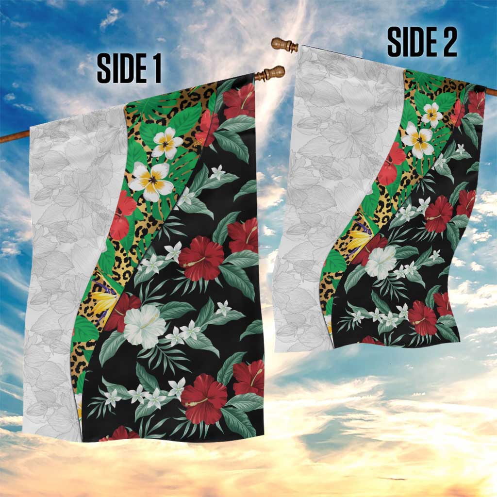 Hawaiian Tropical Flowers and Leaves Garden Flag on Leopard Pattern Half Style White-Black Version - Polynesian Pride