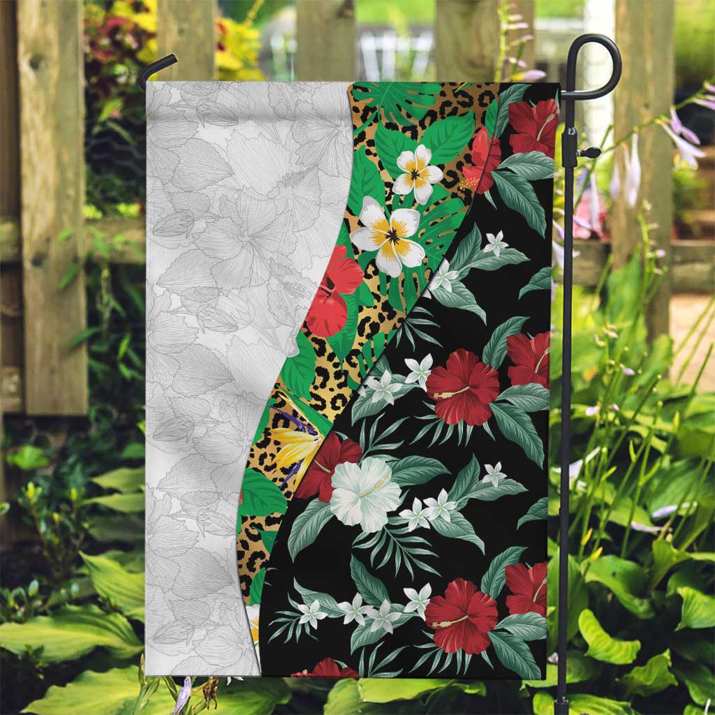 Hawaiian Tropical Flowers and Leaves Garden Flag on Leopard Pattern Half Style White-Black Version - Polynesian Pride