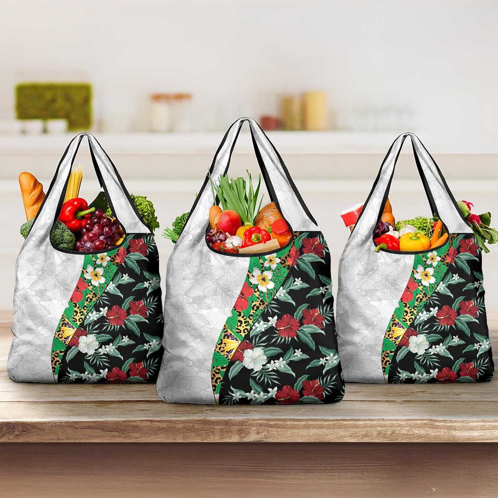 Hawaiian Tropical Flowers and Leaves Grocery Bag on Leopard Pattern Half Style White-Black Version - Polynesian Pride