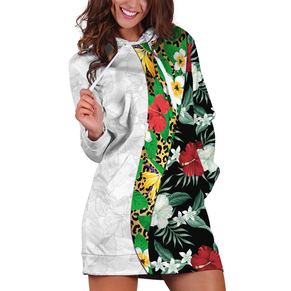 Hawaiian Tropical Flowers and Leaves Hoodie Dress on Leopard Pattern Half Style White-Black Version - Polynesian Pride