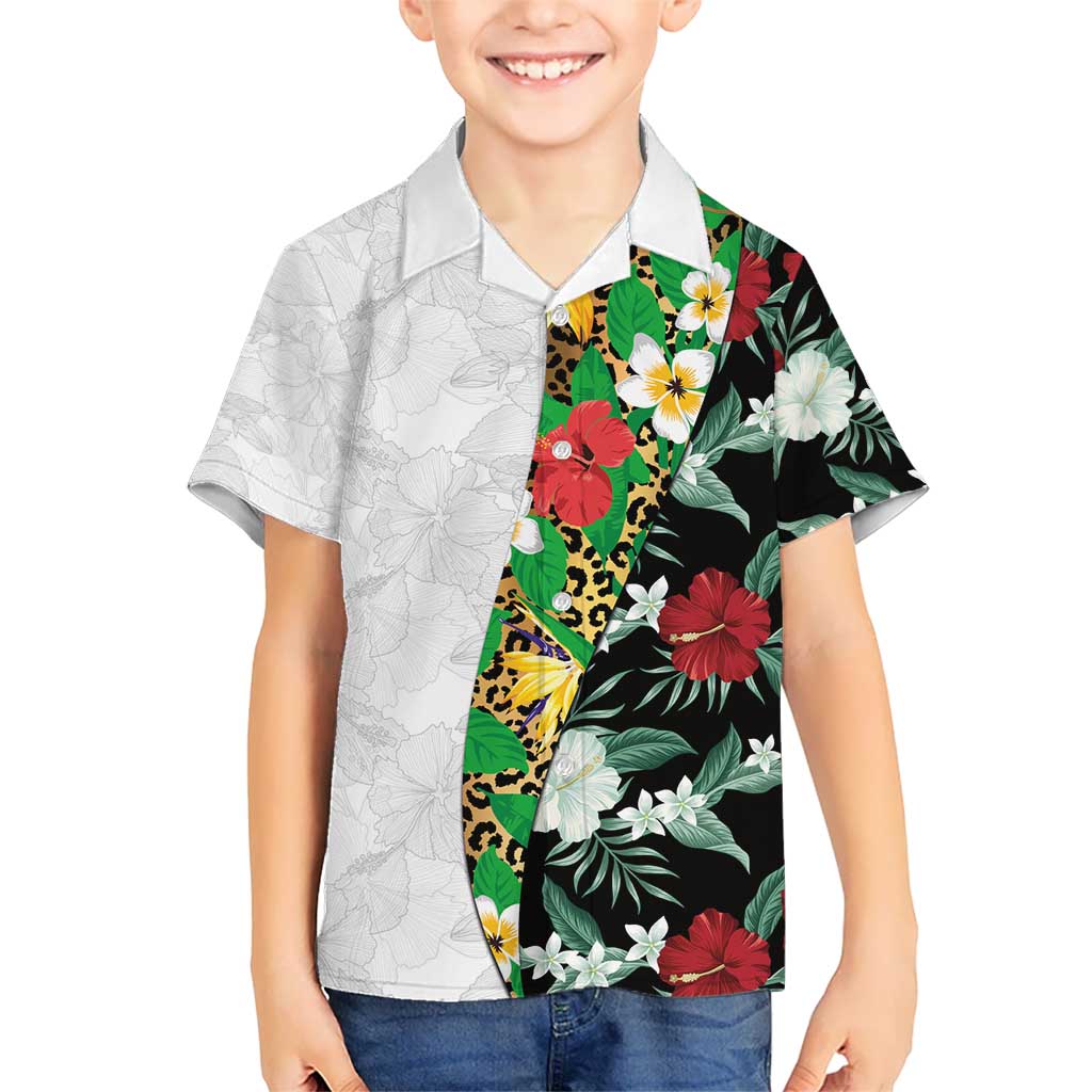 Hawaiian Tropical Flowers and Leaves Kid Hawaiian Shirt on Leopard Pattern Half Style White-Black Version - Polynesian Pride