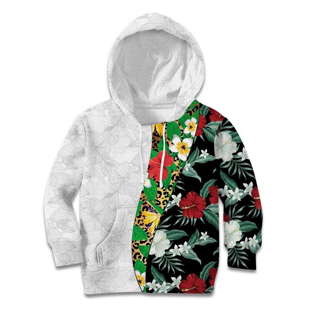 Hawaiian Tropical Flowers and Leaves Kid Hoodie on Leopard Pattern Half Style White-Black Version - Polynesian Pride