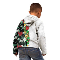 Hawaiian Tropical Flowers and Leaves Kid Hoodie on Leopard Pattern Half Style White-Black Version - Polynesian Pride
