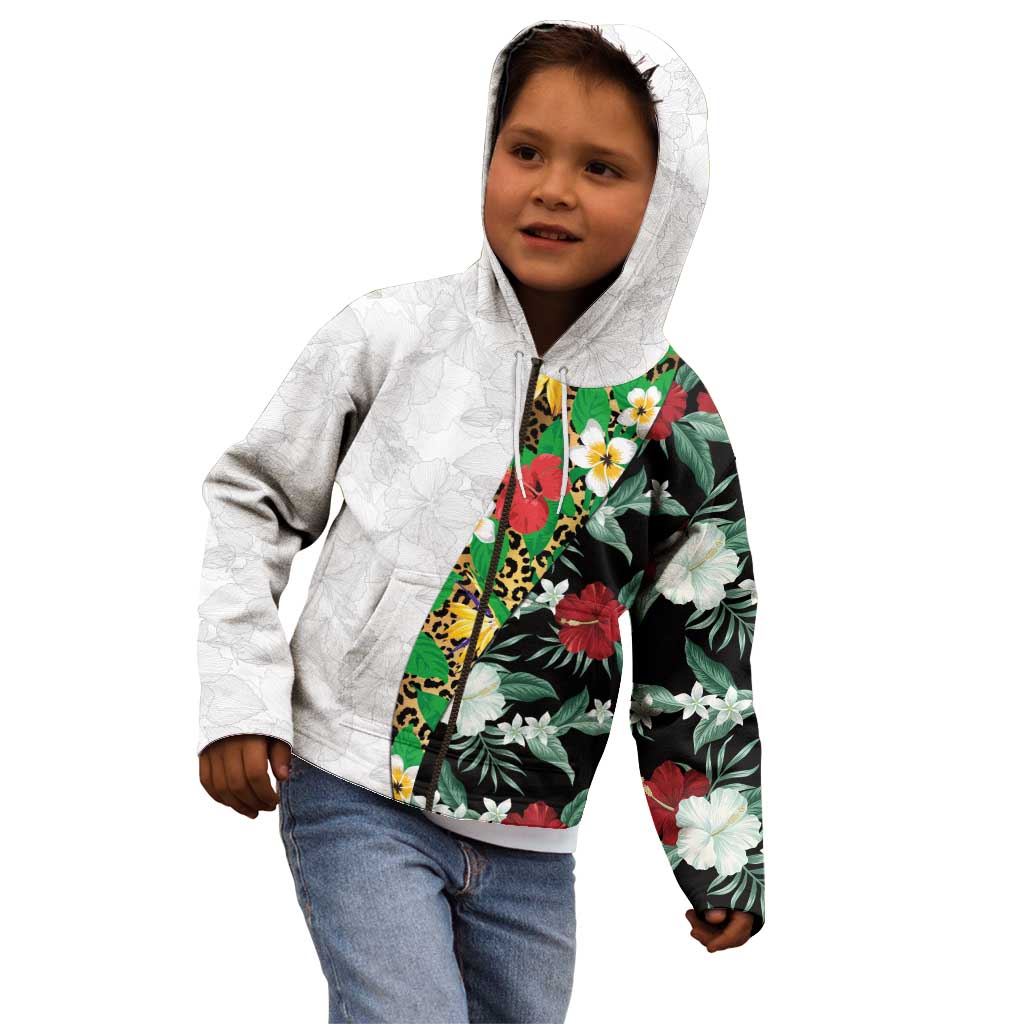Hawaiian Tropical Flowers and Leaves Kid Hoodie on Leopard Pattern Half Style White-Black Version - Polynesian Pride