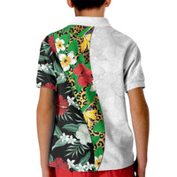 Hawaiian Tropical Flowers and Leaves Kid Polo Shirt on Leopard Pattern Half Style White-Black Version - Polynesian Pride