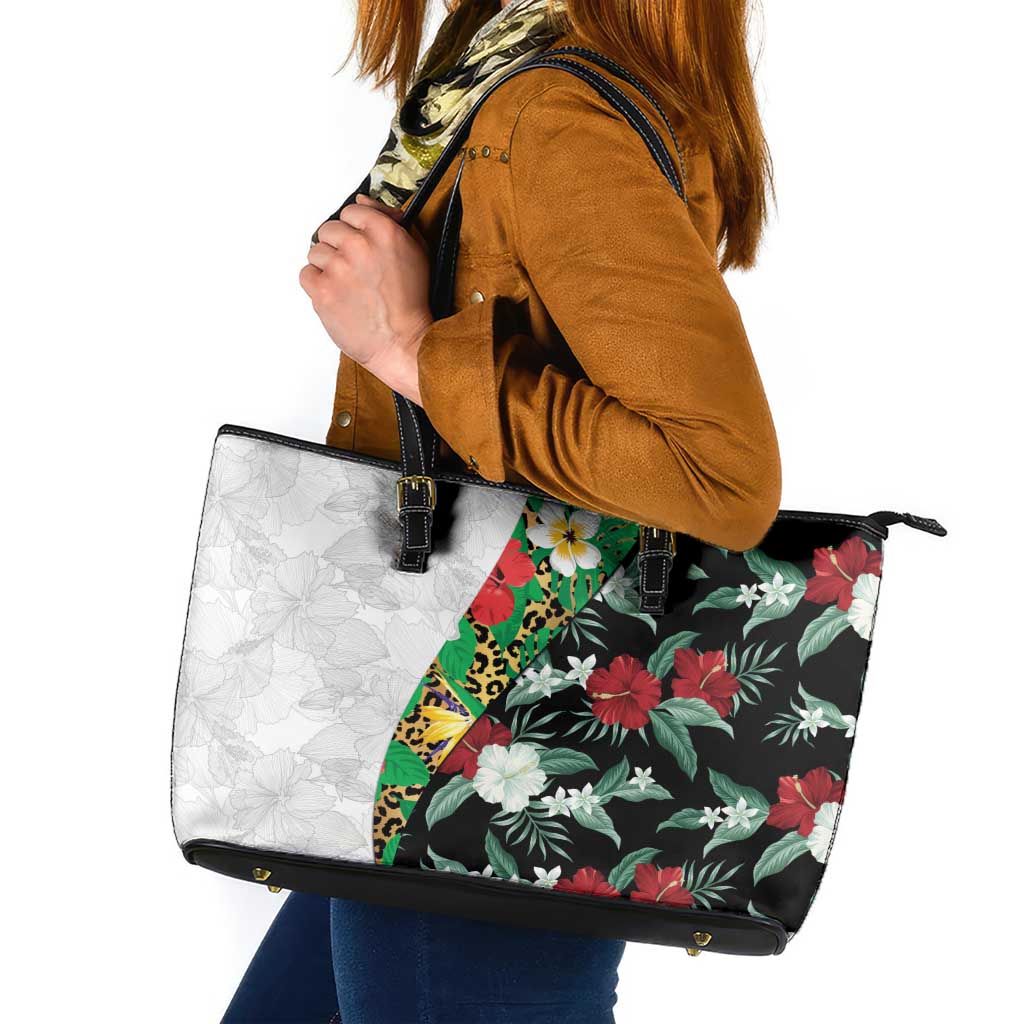 Hawaiian Tropical Flowers and Leaves Leather Tote Bag on Leopard Pattern Half Style White-Black Version - Polynesian Pride