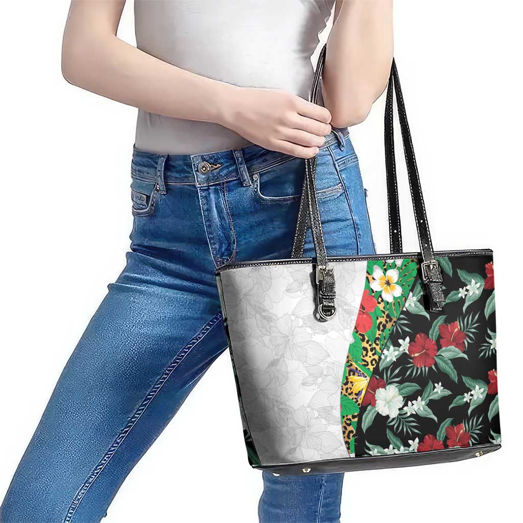 Hawaiian Tropical Flowers and Leaves Leather Tote Bag on Leopard Pattern Half Style White-Black Version - Polynesian Pride