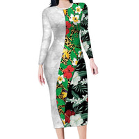 Hawaiian Tropical Flowers and Leaves Long Sleeve Bodycon Dress on Leopard Pattern Half Style White-Black Version - Polynesian Pride