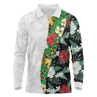 Hawaiian Tropical Flowers and Leaves Long Sleeve Polo Shirt on Leopard Pattern Half Style White-Black Version LT03 White - Polynesian Pride