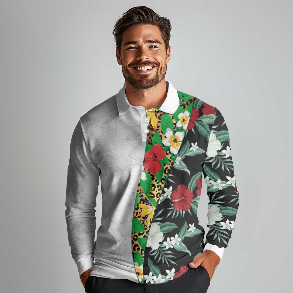 Hawaiian Tropical Flowers and Leaves Long Sleeve Polo Shirt on Leopard Pattern Half Style White-Black Version LT03 - Polynesian Pride